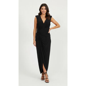 Eliza J Ruched Jersey Knit Black Maxi Dress Sz 12 Stretch Cocktail Party Holiday